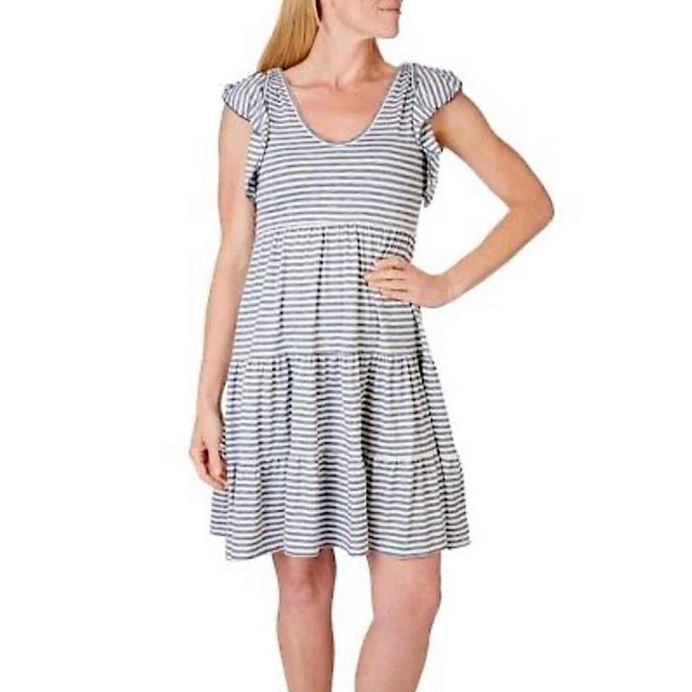 ❤️ MAX STUDIO Women Jersey Ruffle Sleeve Tiered Navy Stripe Casual Dress Size S